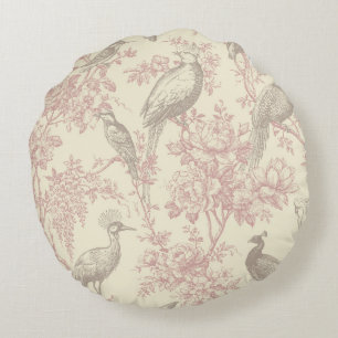 Staubrosafarbene Chinoiserie-Pfauen-Vogelhaus-Blum Rundes Kissen
