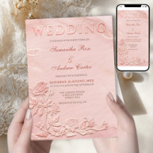 Staubrosafarbene geprägte Hochzeitseinladung
