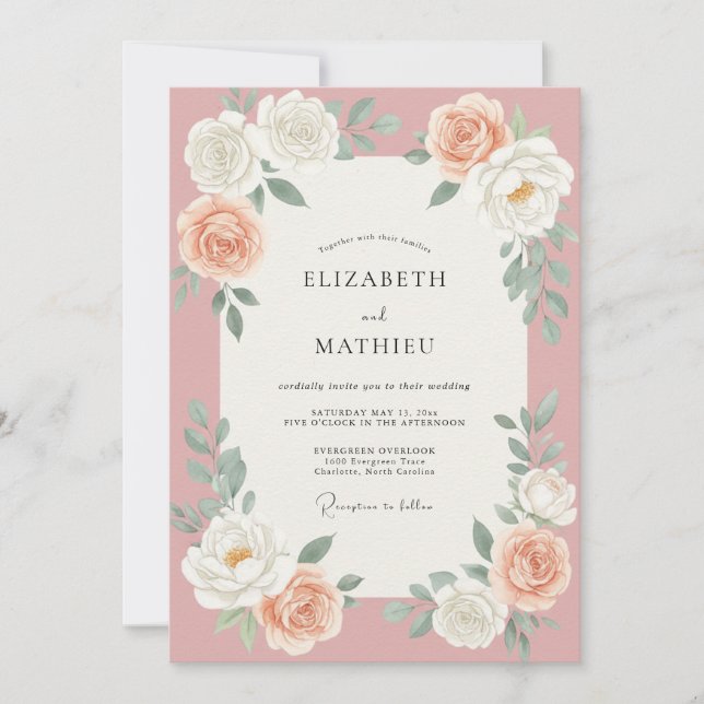 Staubrosafarbene Rosenhochzeit Einladung (Vorderseite)