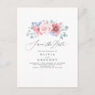 Staubrose und staubblaues Blumen-Save-the-Date Ankündigungspostkarte