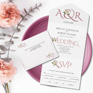 Staubrosen-Initialen und Et-Zeichen, Rosenhochzeit All In One Einladung