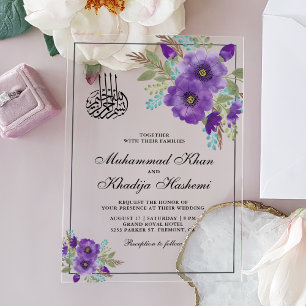 Staubviolette Aquarell-Blumen islamische Hochzeit Acryleinladungen