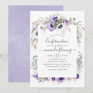 Staubviolette Aquarell-Blumen-Konfirmation Einladung