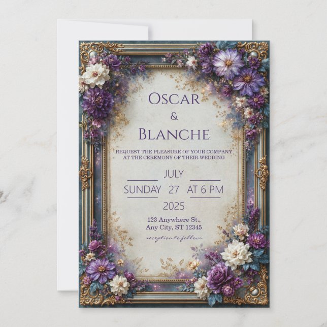 Staubviolette Blumige Hochzeit Einladung (Vorderseite)