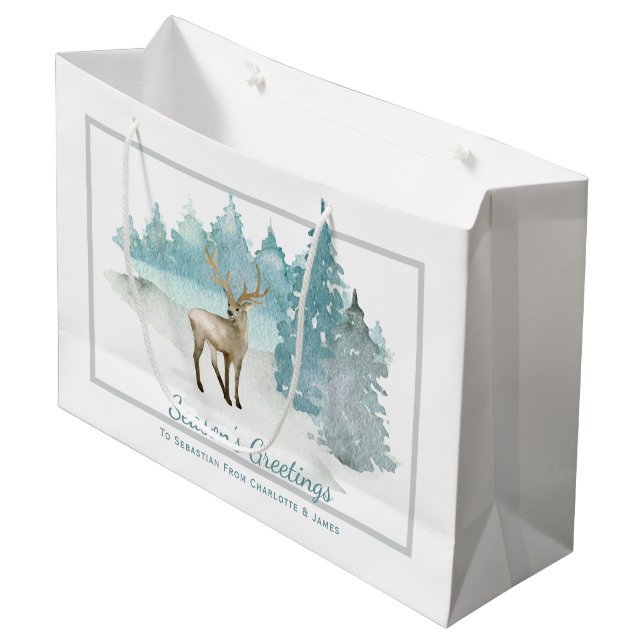 Staunen in einem Winterwald Personalisiert Große Geschenktüte (Vorderseite Schrägansicht)