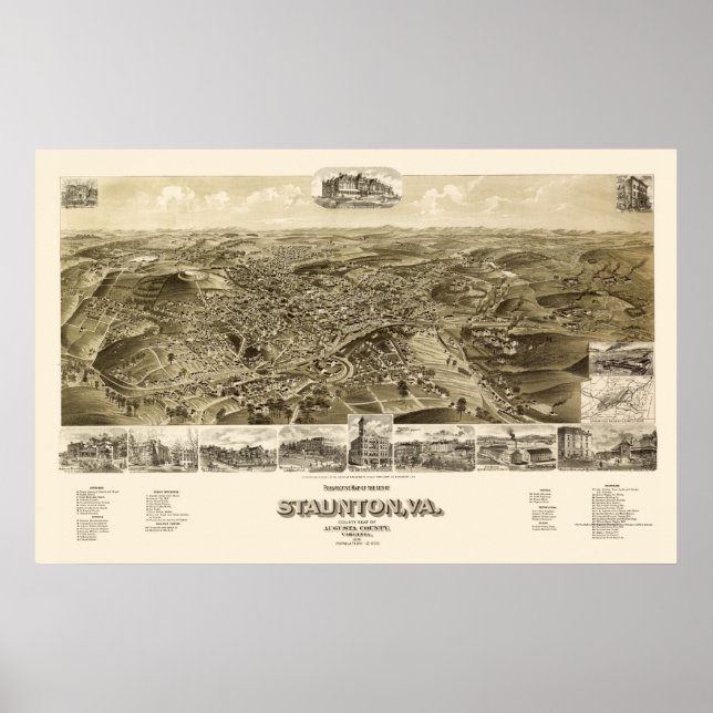 Staunton, VA Panoramic Map - 1891 Poster (Vorne)