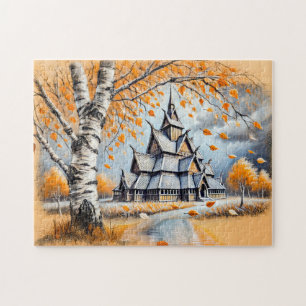 Stave Church in Pastel Chalk Zeichnend Puzzle