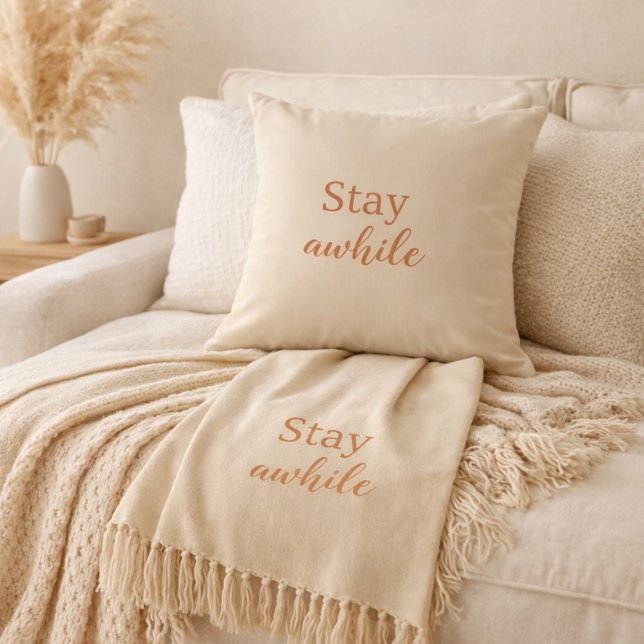 Stay Awhile Pillow Warm Sand Terracotta Typography Kissen (Von Creator hochgeladen)