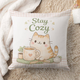 Stay Cozy Cute Kitty Cat Pink Gingham Sweet Home  Kissen