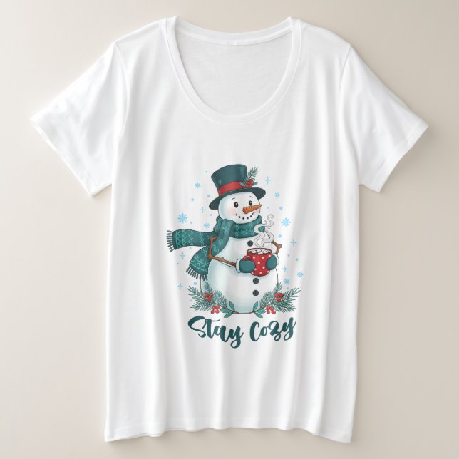 Stay Cozy Winter Snowman With Hot Cocoa Große Größe T-Shirt (Design vorne)
