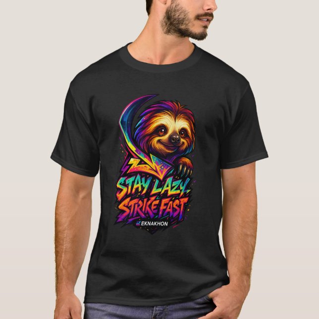 STAY LAZY, STRIKE FAST – Lightning Sloth Glow Tee  (Vorderseite)