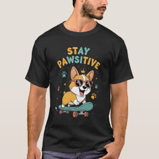Stay Pawsitive Corgi Skateboarding Cute Motivation T-Shirt