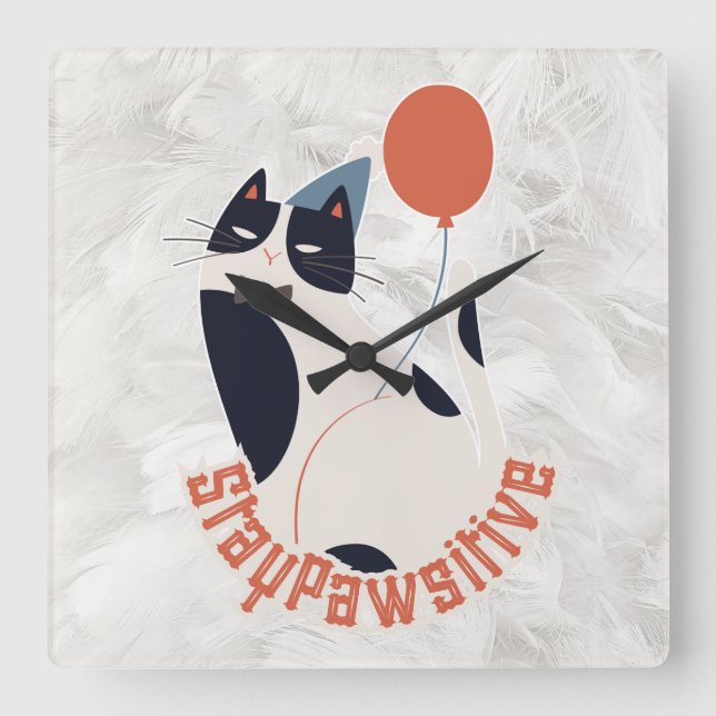 Stay Pawsitive | Dapper Tuxedo Cat Whimsical Acryl Quadratische Wanduhr (Vorderseite)