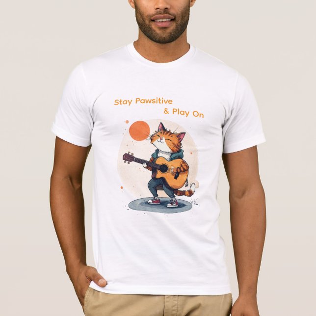 Stay Pawsitive Guitar Cat T-Shirt (Vorderseite)