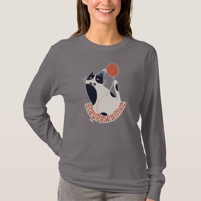 Stay Pawsitive Women's Long Sleeve Tuxedo Cat T-Shirt (Vorderseite)