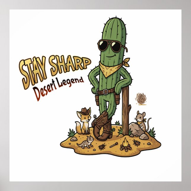 Stay Sharp Desert Legend Cowboy Cactus Illustratio Poster (Vorne)