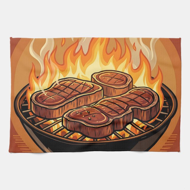 Steaks Grillen BBQ Flammen Geschirrtuch (Horizontal)