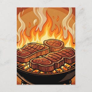 Steaks Grillen BBQ Flammen Postkarte