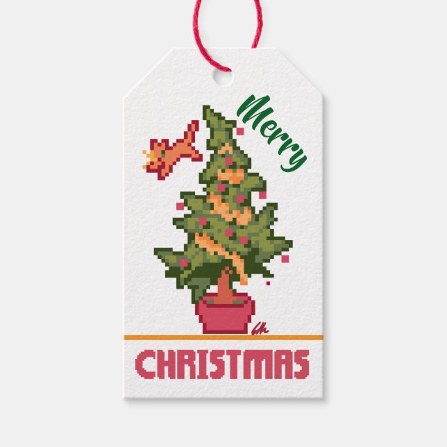 stealing cat, tree, Pixel Art, Merry Christmas  Geschenkanhänger (Vorderseite)