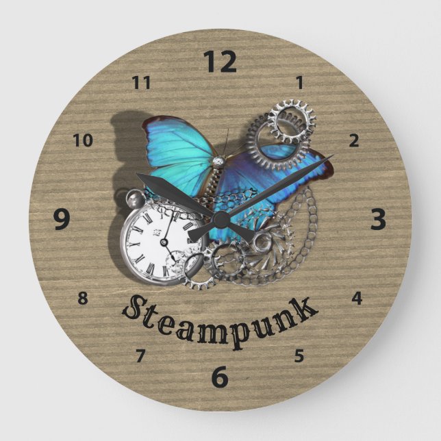 Steam Punk Blue Butterfly Pocket Design Große Wanduhr (Vorderseite)