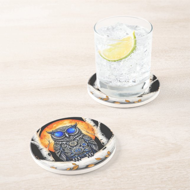 Steam Punk Blue Mit Augen Owl und Vollmond Getränkeuntersetzer (Seite)