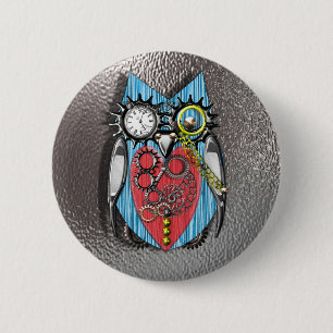 Steam Punk Funny Mechanical Owl Red Blue Button