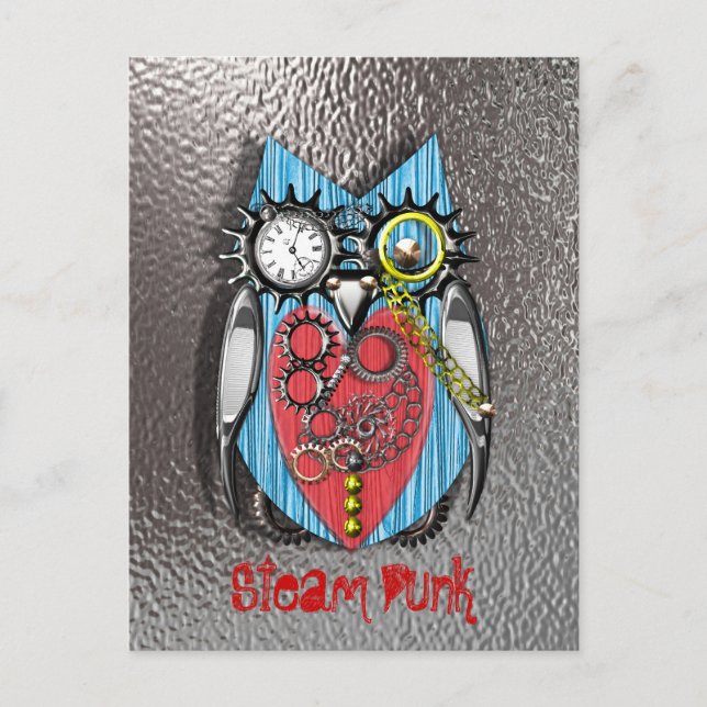 Steam Punk Funny Mechanical Owl Red Blue Postkarte (Vorderseite)