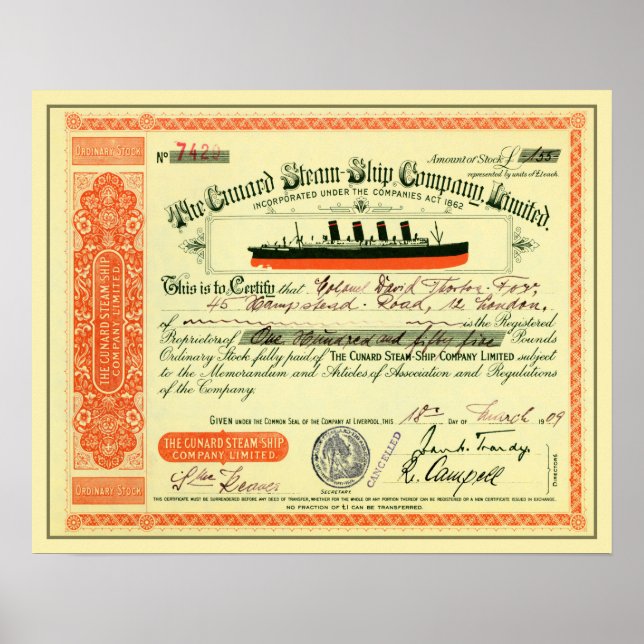 Steam-Ship Company 1909 Stock Certificate Poster (Vorne)