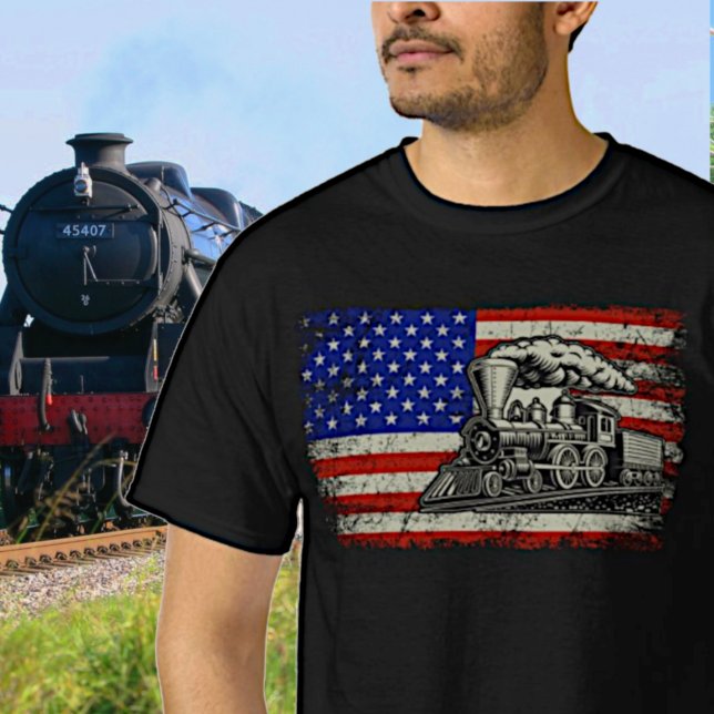 Steam Train Motor Railway on USA American Flag T-Shirt (Von Creator hochgeladen)