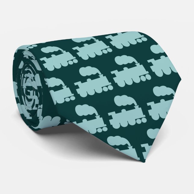 Steam Train Pattern - Lt Blue Green auf Dk Moss Gr Krawatte (Gerollt)