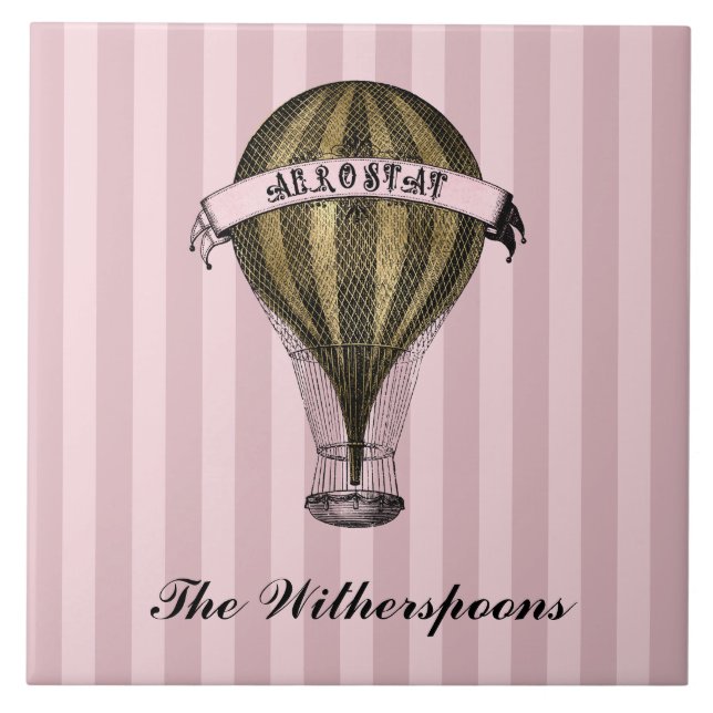 Steamampuschiff auf Vintag rosa Streifen Monogramm Fliese (Vorderseite)