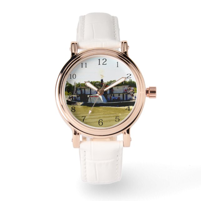 Steamer auf der Wasserfarbe des Flusses, Armbanduhr (Vorderseite)