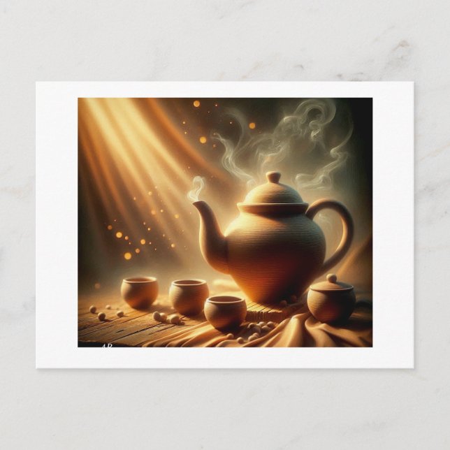 Steaming Clay Teapot And Cups On Table,  Postkarte (Vorderseite)
