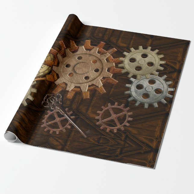 Steamkorngeere auf geometrischem Coppery-Look Geschenkpapier (Ungerollt)