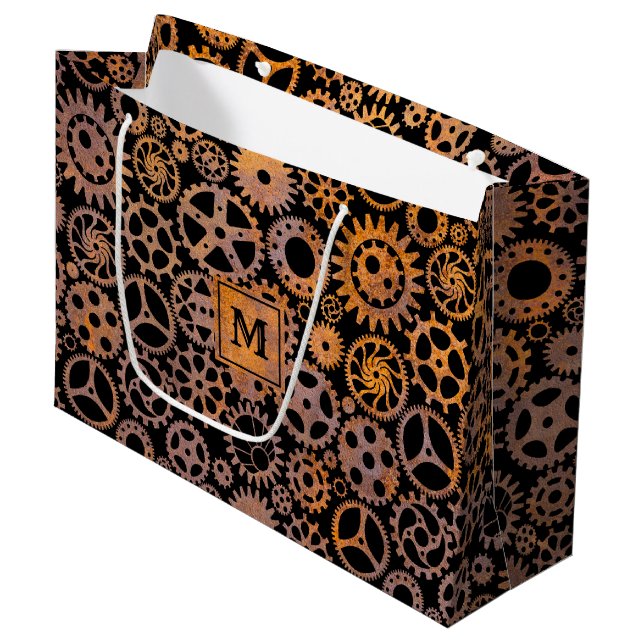 Steampton Rusty Gears Custom Monogram Block Große Geschenktüte (Vorderseite Schrägansicht)