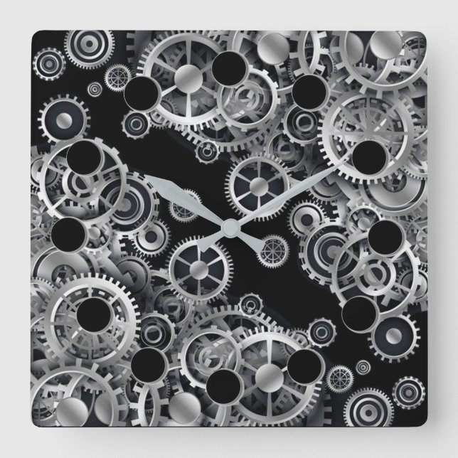 Steampton Silver Gears 2 Square Wall Clock Quadratische Wanduhr (Vorderseite)