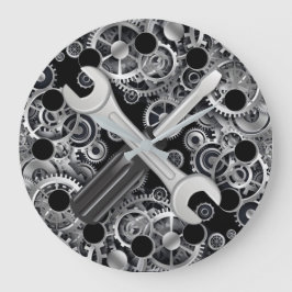 Steampton Silver Gears & Tools Rund Wall Clock Große Wanduhr