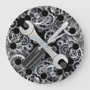 Steampton Silver Gears & Tools Rund Wall Clock Große Wanduhr