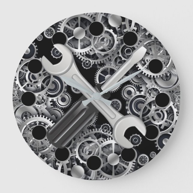 Steampton Silver Gears & Tools Rund Wall Clock Große Wanduhr (Vorderseite)