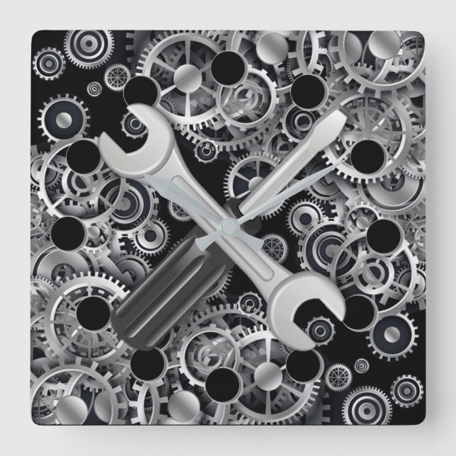 Steampton Silver Gears & Tools Square Wall Clock Quadratische Wanduhr (Vorderseite)