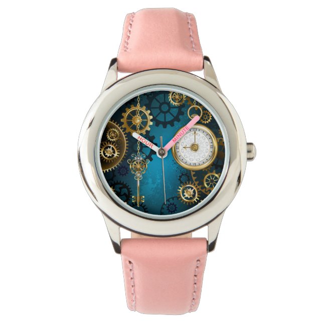 Steampun türkis Hintergrund mit Gears Armbanduhr (Vorderseite)