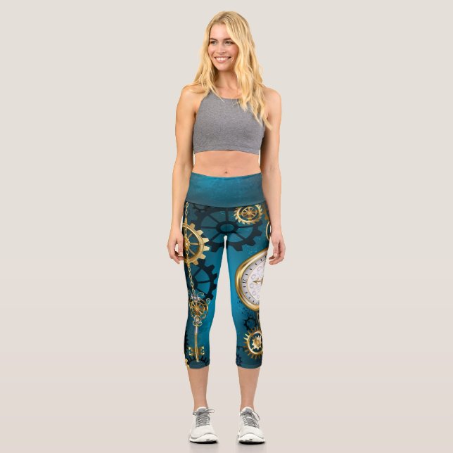 Steampun türkis Hintergrund mit Gears Capri Leggings (Vorderseite)