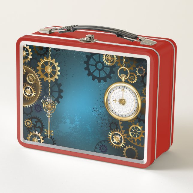 Steampun türkis Hintergrund mit Gears Metall Brotdose (Vorderseite)