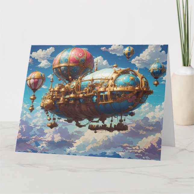 Steampunk Airship and Balloons in Sky Karte (Vorderseite)