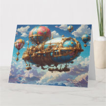 Steampunk Airship and Balloons in Sky