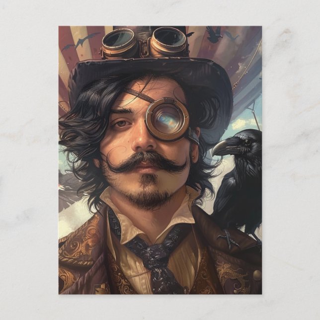 Steampunk Airship Victorian Industrial Raven Postkarte (Vorderseite)