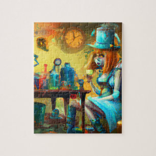Steampunk-Alice beim Herstellen von Tränken in ein Puzzle