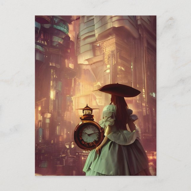 Steampunk Alice in der Stadt des Retrofuturismus Postkarte (Vorderseite)