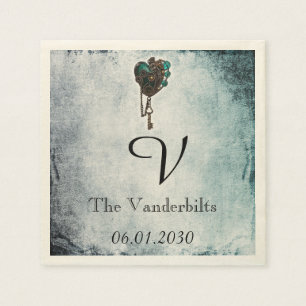 Steampunk Aquamarin Heart Monogram Wedding Napkin Serviette