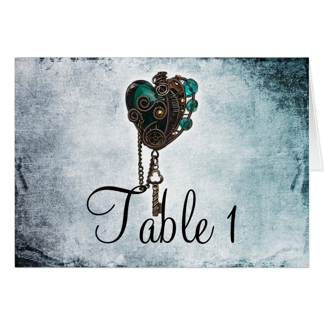 Steampunk aquamarines Herz-Wedding Tischnummer (Vorderseite (Horizontal))